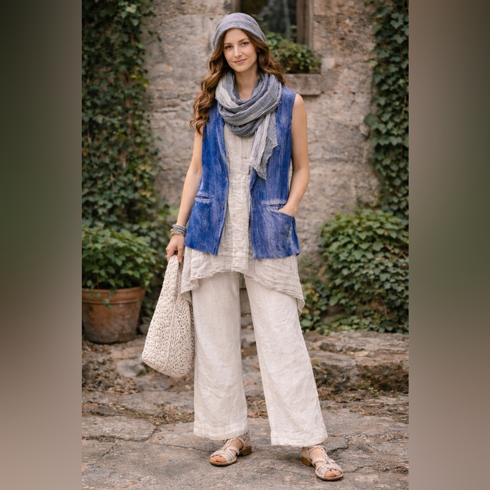 Avant Toi Blue Hand Dyed Linen Vest Sleeveless Layering Jacket Boho Lagonlook